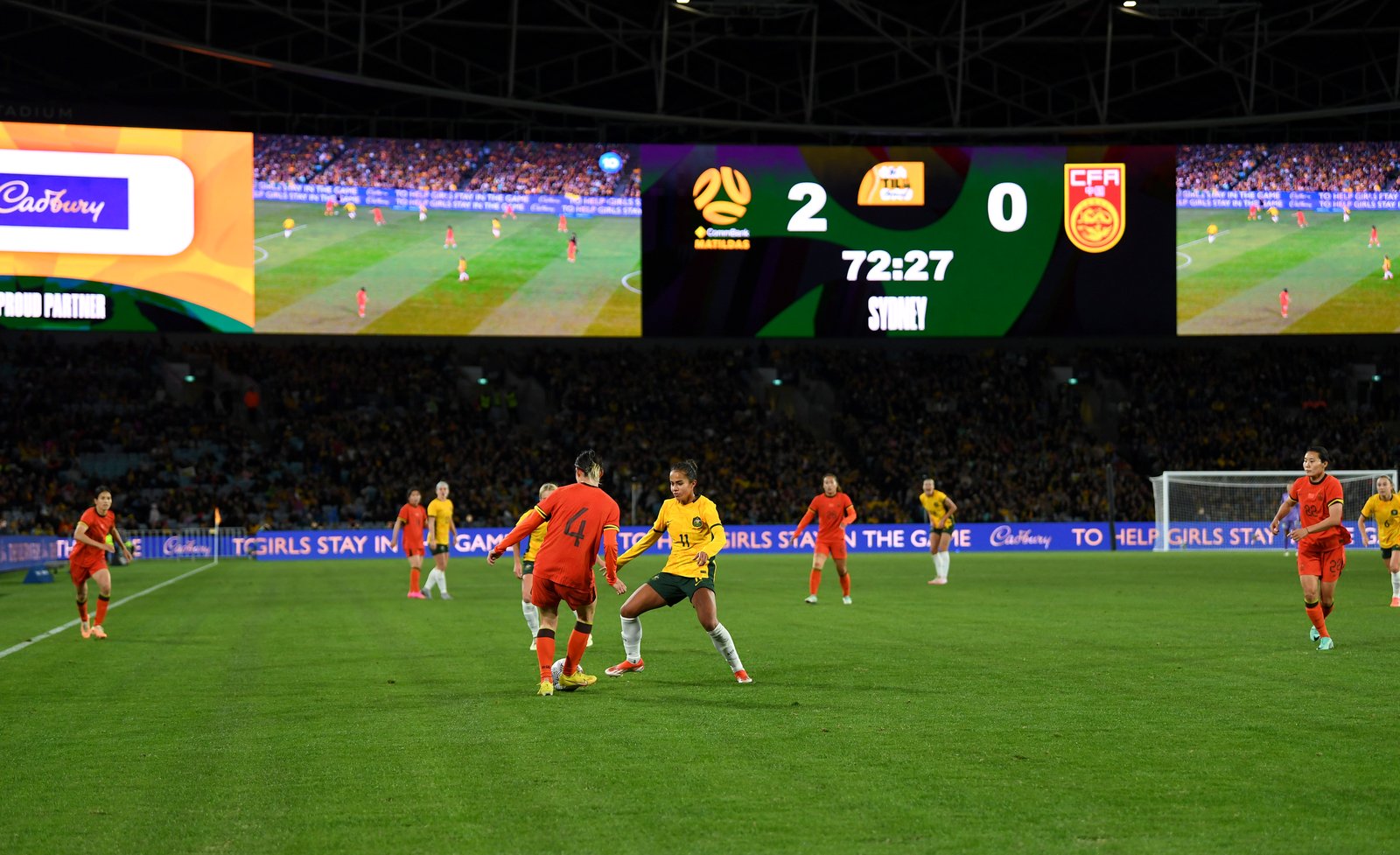 Matildas v China with the scoreboard and perimeter LED in play