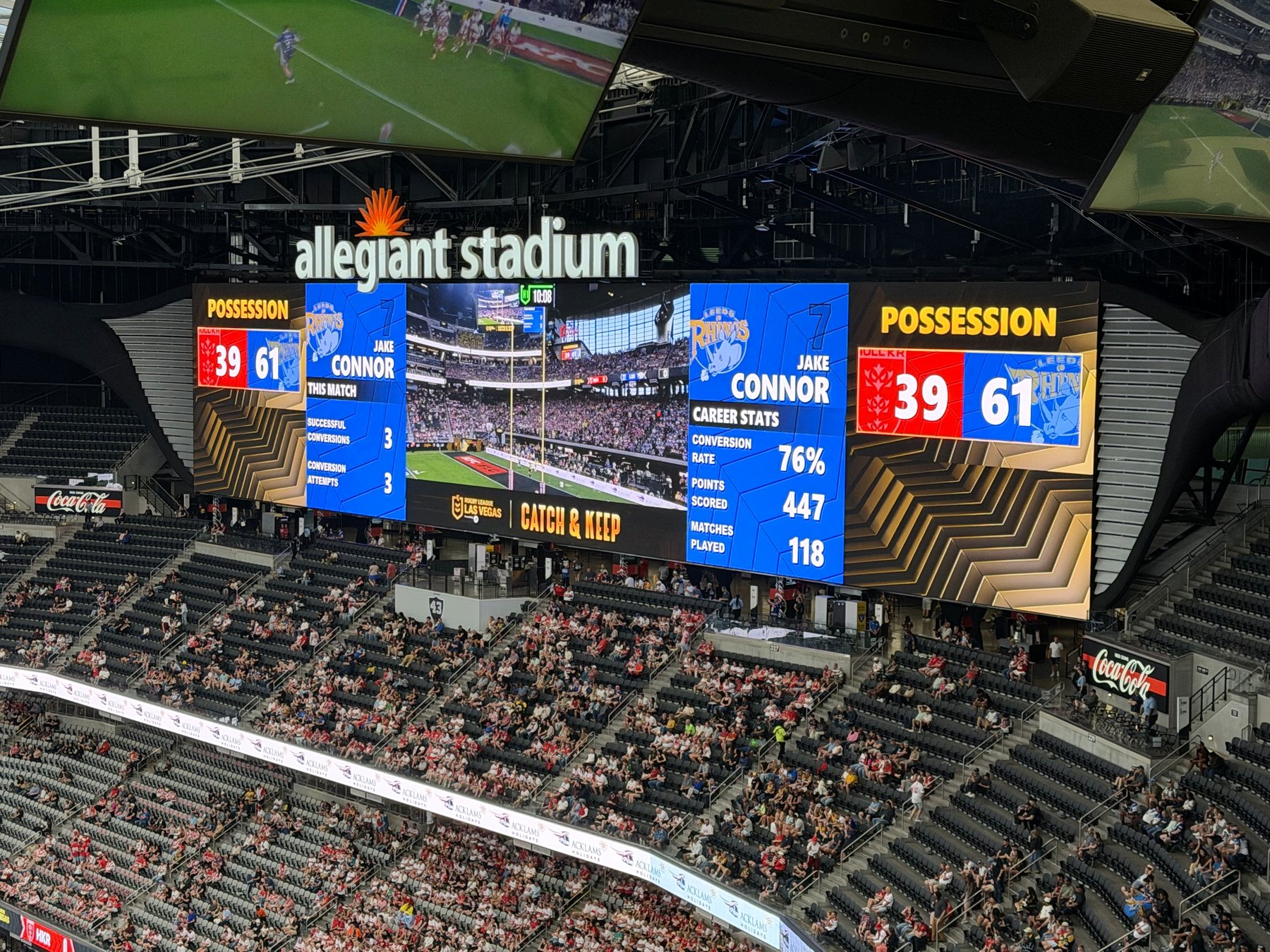 NRL match statistics and player profiles on the centre-hung video board at Allegiant Stadium, Las Vegas